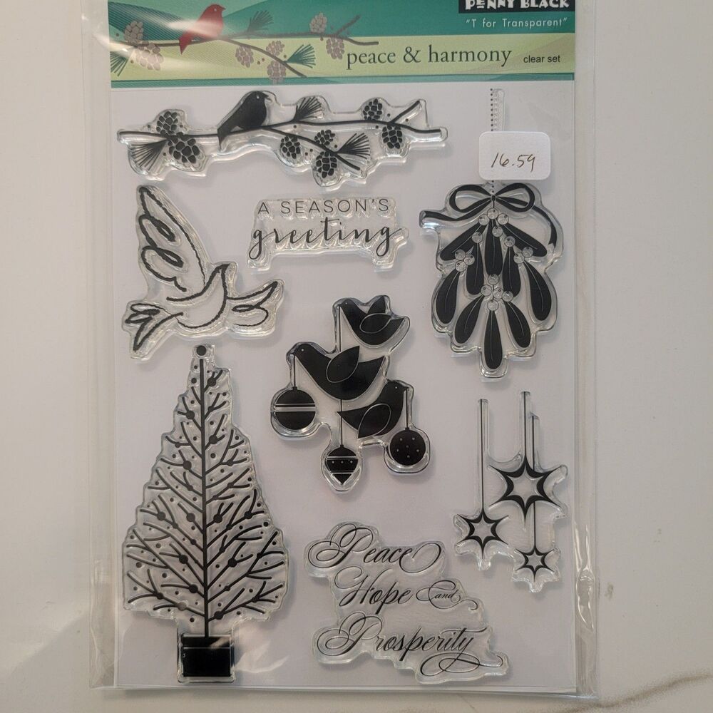 Penny Black PEACE & HARMONY Clear Cling Stamp Set of 8 Birds Trees Stars Holly